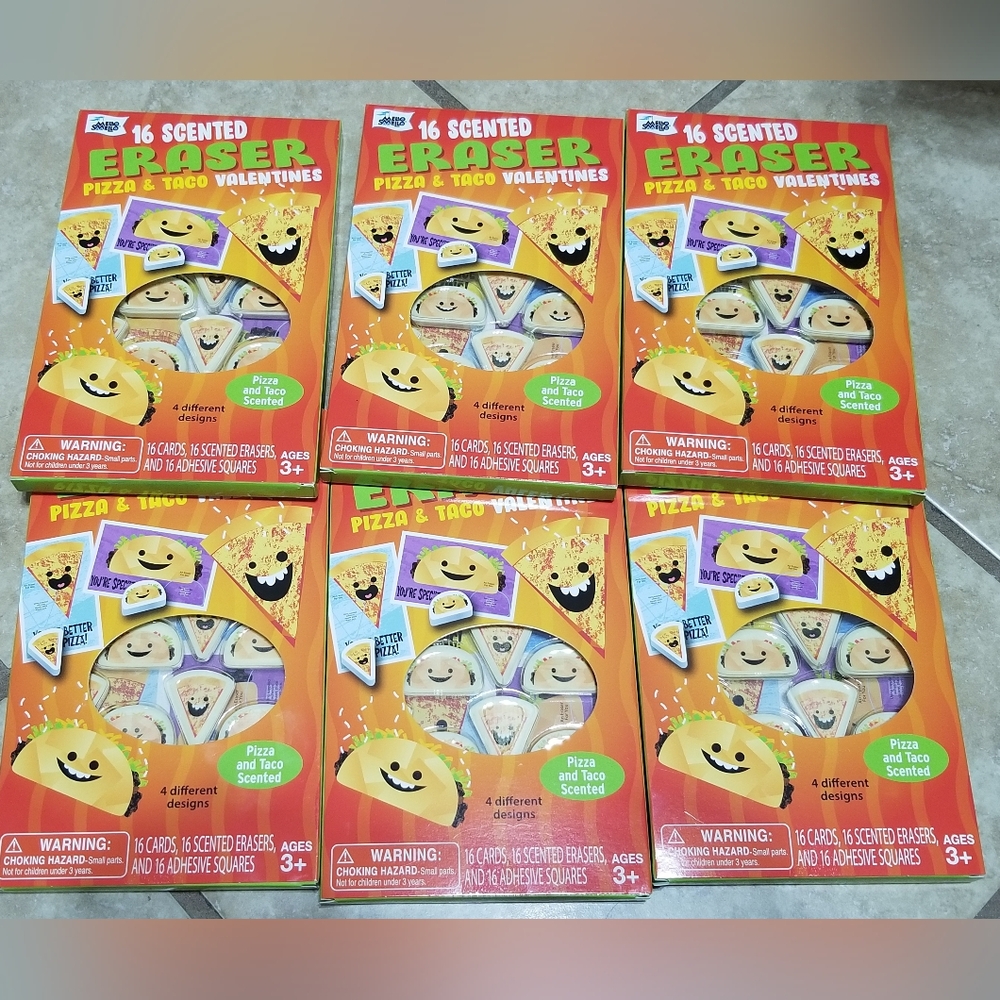 6 Boxes Of Mello Smello PIZZA & TACO 16pc Valentines Cards & Scented Erasers
